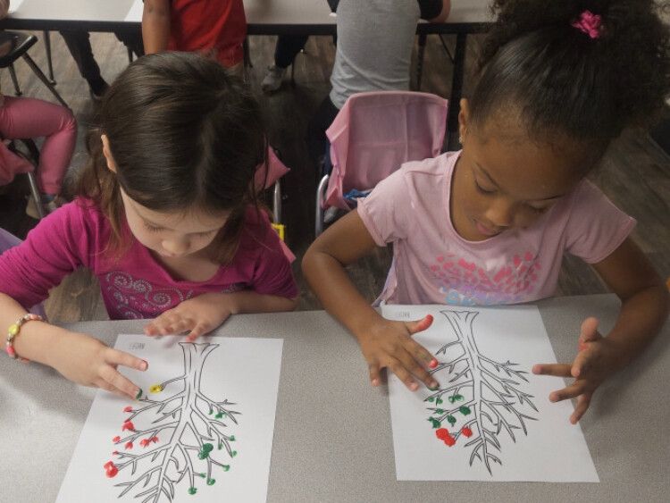 Two girls finger painting